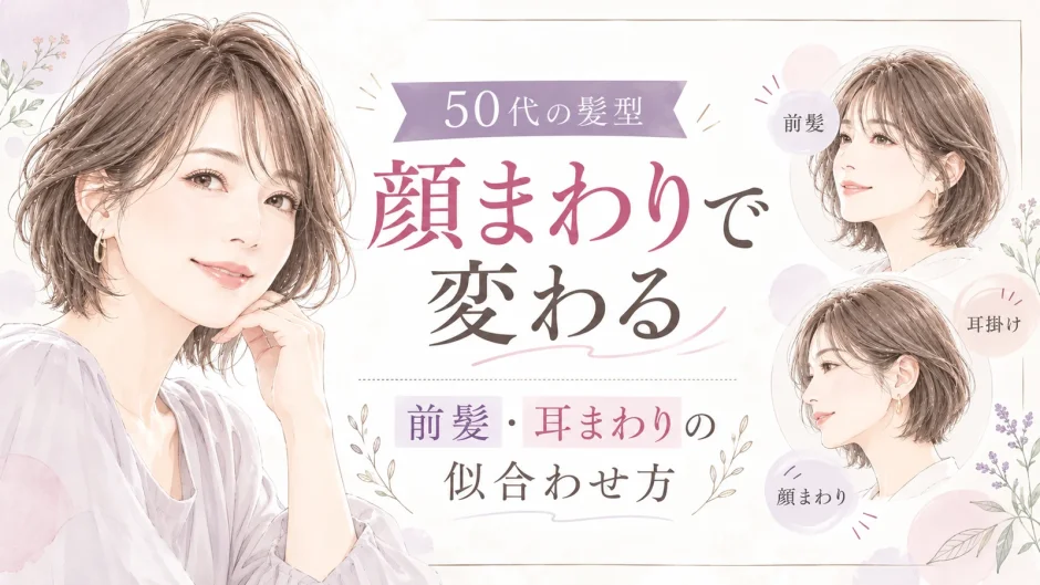 50代女性の髪型で、前髪や耳まわり、顔まわりの髪の残し方によって印象が変わることを紹介したアイキャッチ画像