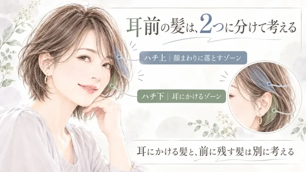 50代女性の耳前の髪を、ハチ上の顔まわりに残すゾーンと、ハチ下の耳にかけるゾーンに分けて考える方法を示した図解