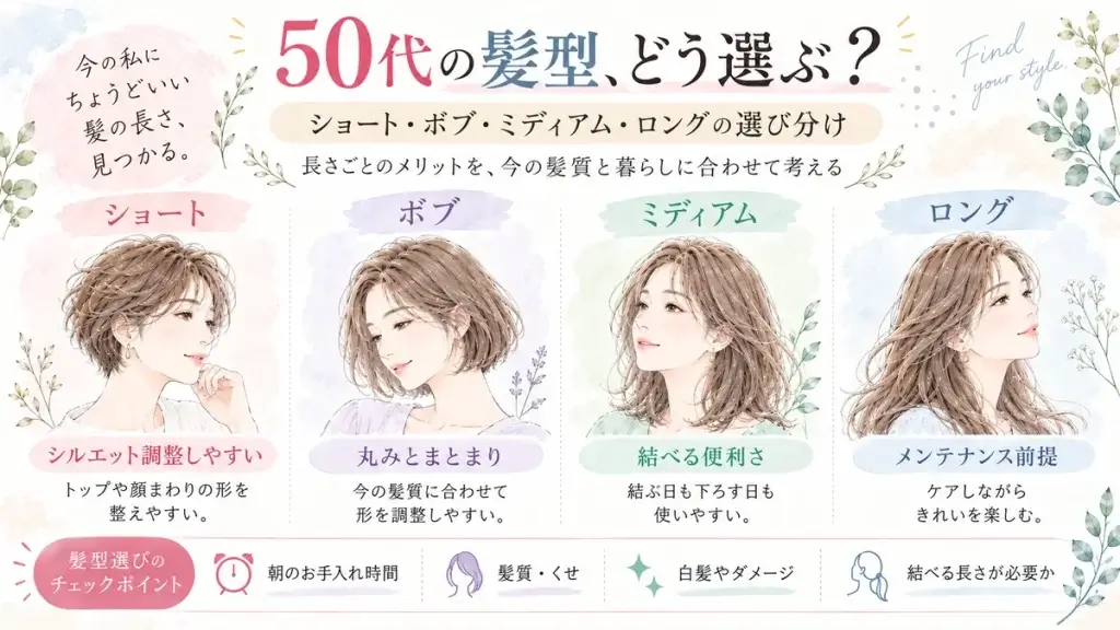 50代女性のショート・ボブ・ミディアム・ロングそれぞれのメリットと、髪質やお手入れ時間に合わせた選び方を比較した水彩調の図解
