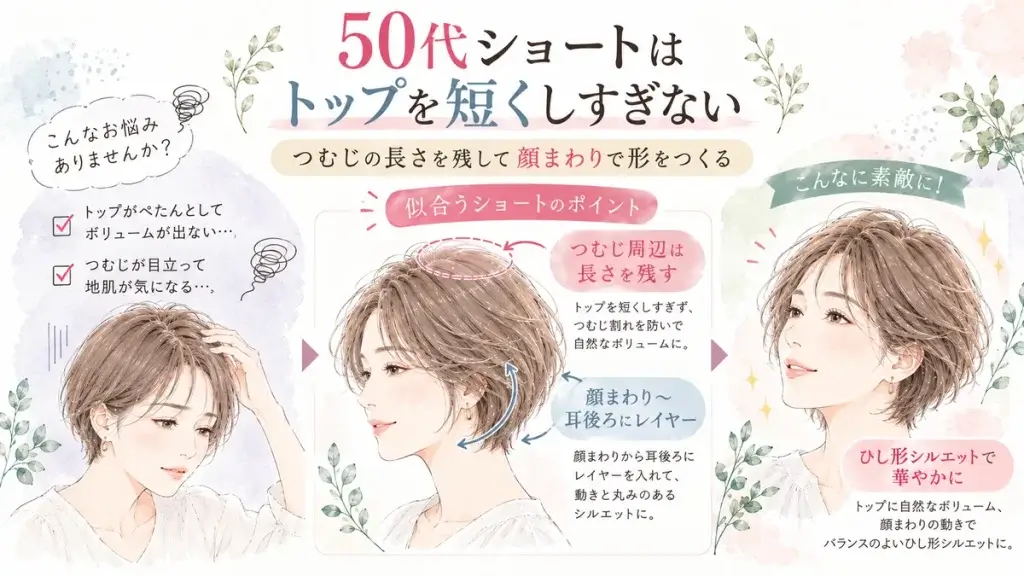 50代のショートヘアでトップを短くしすぎず、つむじ周りの長さを残して顔周りにレイヤーを入れ、ひし形シルエットを作るポイントを紹介した水彩調の図解