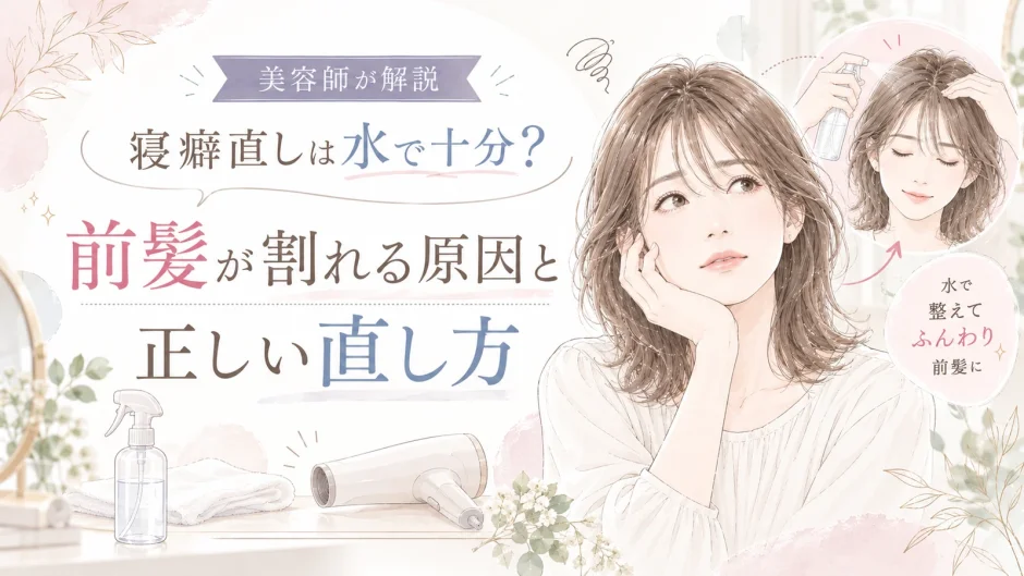 前髪がぱっくり割れる原因と、水で根元を濡らして寝癖を直す方法を美容師が解説するアイキャッチ画像