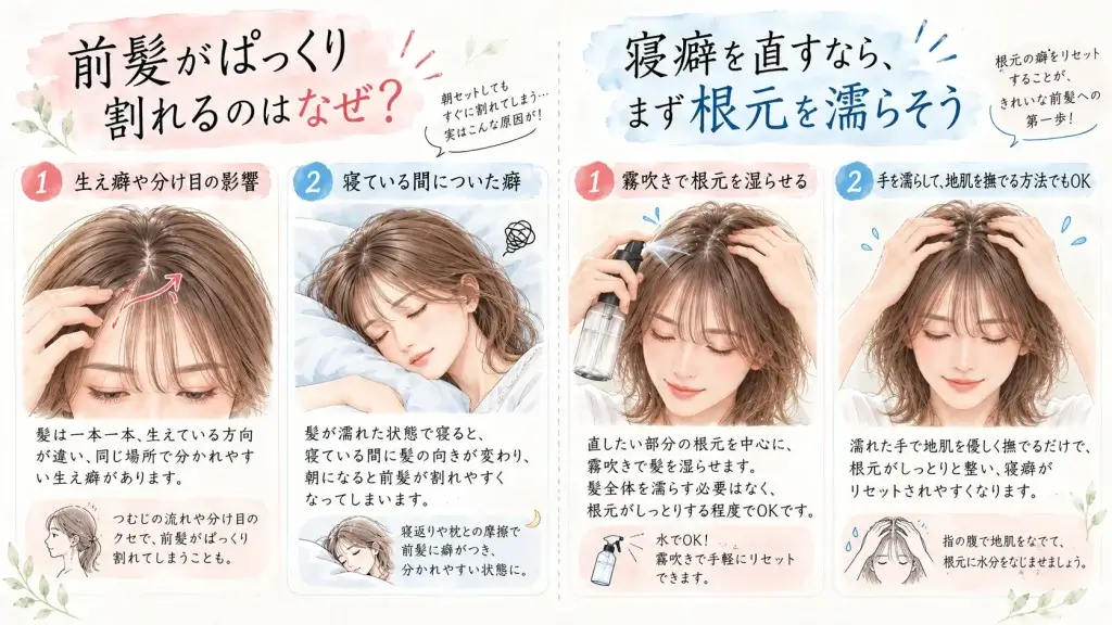 前髪がぱっくり割れる原因と、寝癖を直す前に根元を濡らす方法を紹介した図解