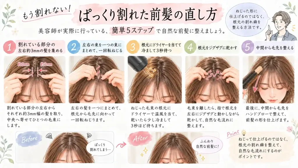 ぱっくり割れた前髪を直す5ステップを、ねじり方と乾かし方で解説した図解