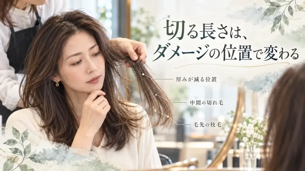 髪の中間の切れ毛や毛先の枝毛、厚みが減っている位置を確認し、傷んだ髪をどこまで切るか判断するポイントを示した画像