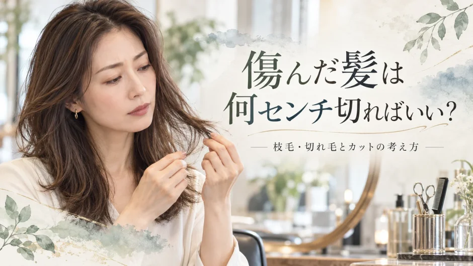 傷んだ髪は何センチ切ればいいのか、毛先の枝毛や切れ毛を確認しながら美容師がカットの考え方を解説するアイキャッチ画像