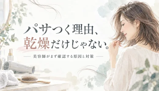 髪の毛先に触れる大人女性とドライヤーやブラシを水彩調で描いた、髪のパサつく原因と対策のアイキャッチ画像