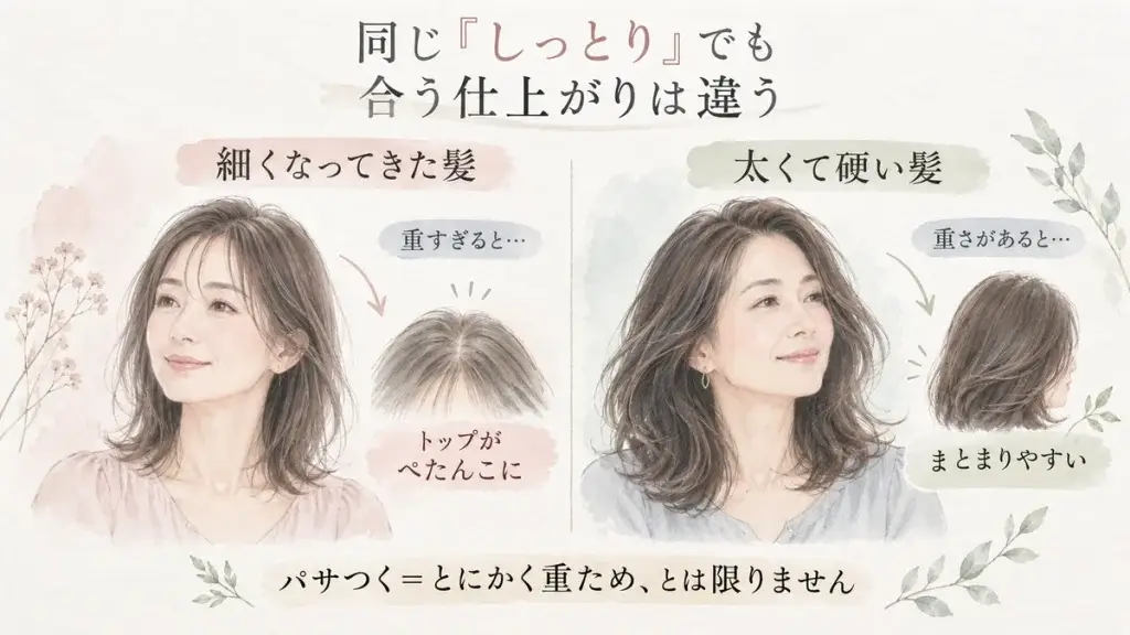細くなってきた髪と太くて硬い髪で、同じしっとりでも合う仕上がりが違うことを比較した水彩調のイラスト