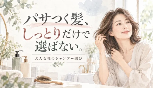 髪に触れる大人女性とシャンプーボトルを水彩調で描き、「パサつく髪、しっとりだけで選ばない。」と大きく配置したシャンプー選びのアイキャッチ画像