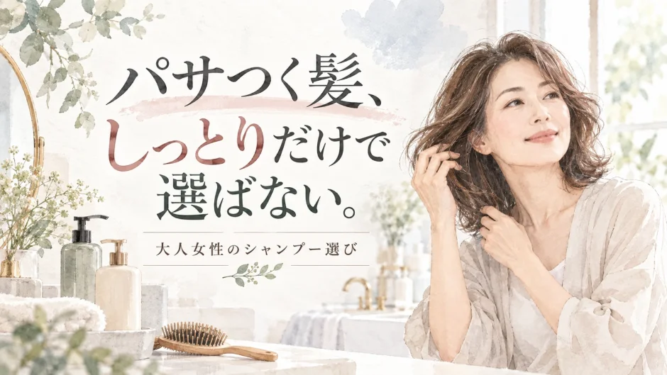 髪に触れる大人女性とシャンプーボトルを水彩調で描き、「パサつく髪、しっとりだけで選ばない。」と大きく配置したシャンプー選びのアイキャッチ画像