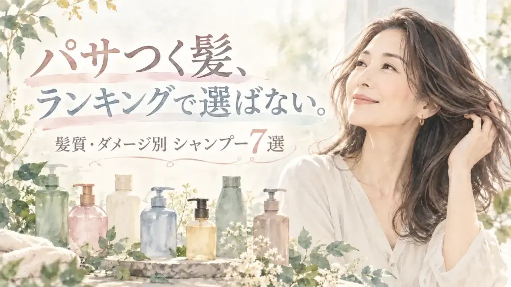 複数のシャンプーボトルと髪に触れる大人女性を水彩調で描き、「パサつく髪、ランキングで選ばない。」と配置したシャンプー7選のアイキャッチ画像