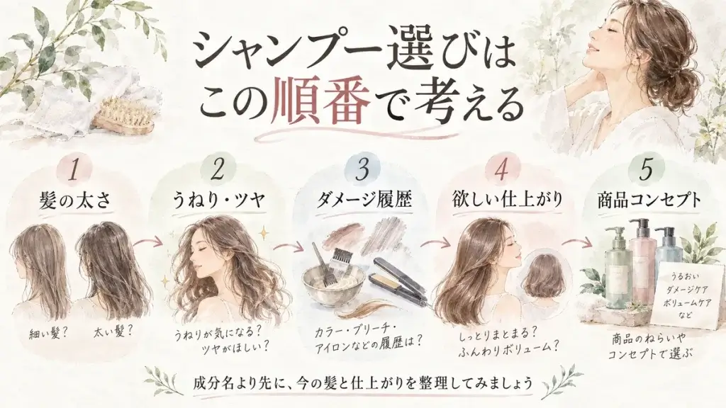 髪の太さ、うねりやツヤ、ダメージ履歴、欲しい仕上がり、商品コンセプトの順にシャンプー選びを整理した水彩調の図解