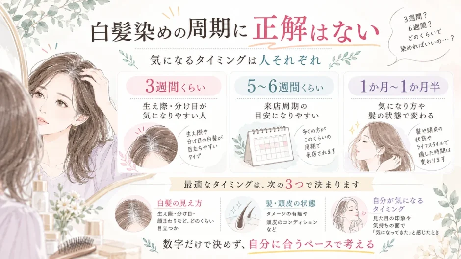 白髪染めの周期は3週間・5〜6週間・1か月〜1か月半など人によって異なり、白髪の見え方や髪・頭皮の状態、本人が気になるタイミングで考えることを示した水彩調の図解