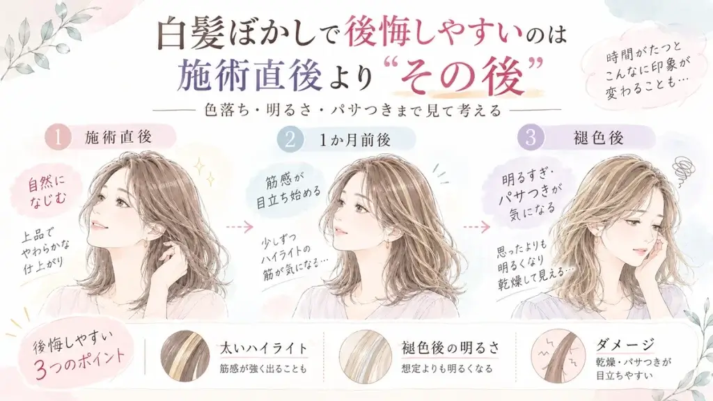 白髪ぼかしハイライトの施術直後、1か月前後、褪色後の変化を比較し、太い筋感や明るさ、パサつきが気になりやすい流れを示した水彩調の図解