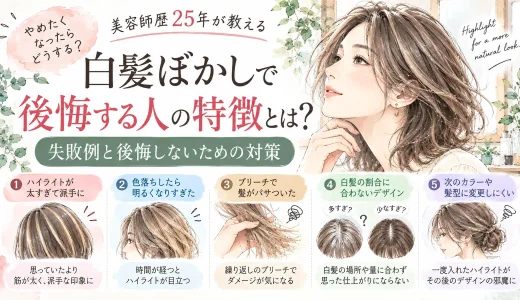 白髪ぼかしで後悔しやすい5つの例として、太すぎるハイライト、色落ち後の明るさ、ブリーチダメージ、白髪の割合に合わないデザイン、次のカラーや髪型への影響を紹介した水彩調のアイキャッチ画像