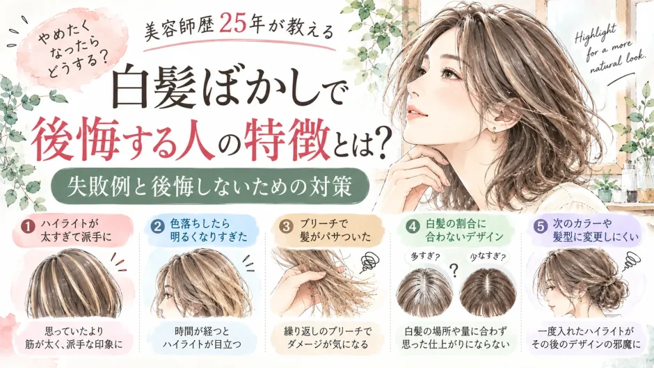 白髪ぼかしで後悔しやすい5つの例として、太すぎるハイライト、色落ち後の明るさ、ブリーチダメージ、白髪の割合に合わないデザイン、次のカラーや髪型への影響を紹介した水彩調のアイキャッチ画像