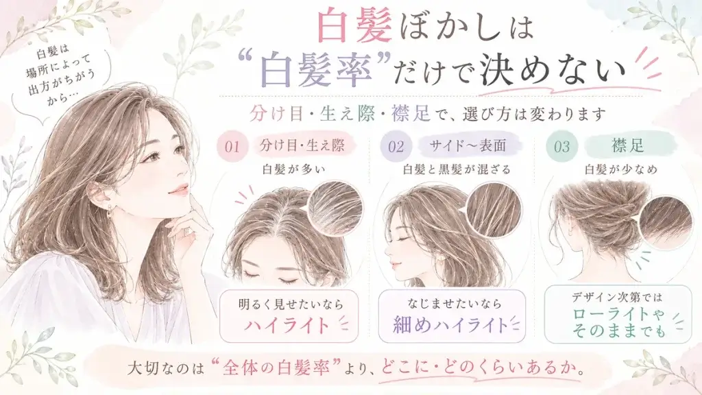 白髪ぼかしは全体の白髪率だけで決めず、分け目・生え際・サイド・襟足など白髪の出方に合わせてハイライトやローライトを選ぶことを示した水彩調の図解