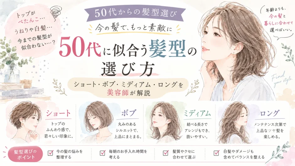 50代女性に似合うショート・ボブ・ミディアム・ロングの髪型と、髪質やお手入れ時間に合わせた選び方を水彩調で紹介したアイキャッチ画像