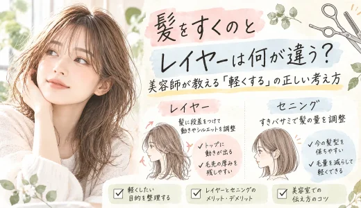 髪をすくセニングとレイヤーカットの違いを、髪型の動きや毛量調整の特徴とともに美容師が解説するアイキャッチ画像
