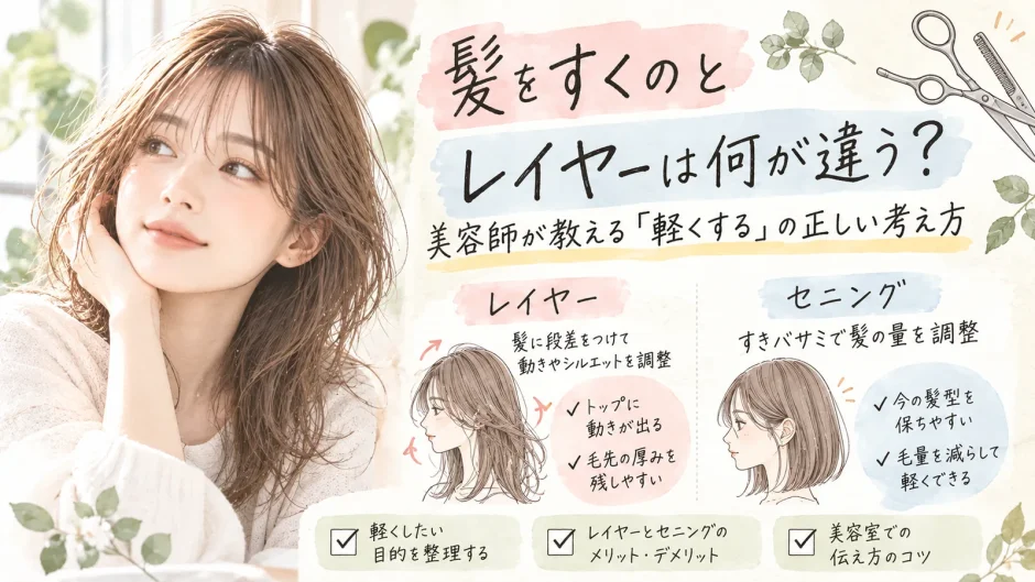 髪をすくセニングとレイヤーカットの違いを、髪型の動きや毛量調整の特徴とともに美容師が解説するアイキャッチ画像