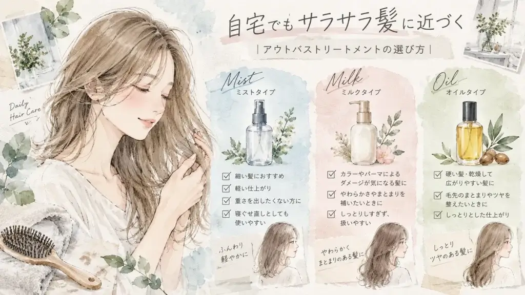 洗い流さないトリートメントのミスト・ミルク・オイルの違いを、細い髪には軽いミスト、カラーやパーマのダメージにはミルク、硬く乾燥しやすい髪にはオイルという特徴で紹介した図解