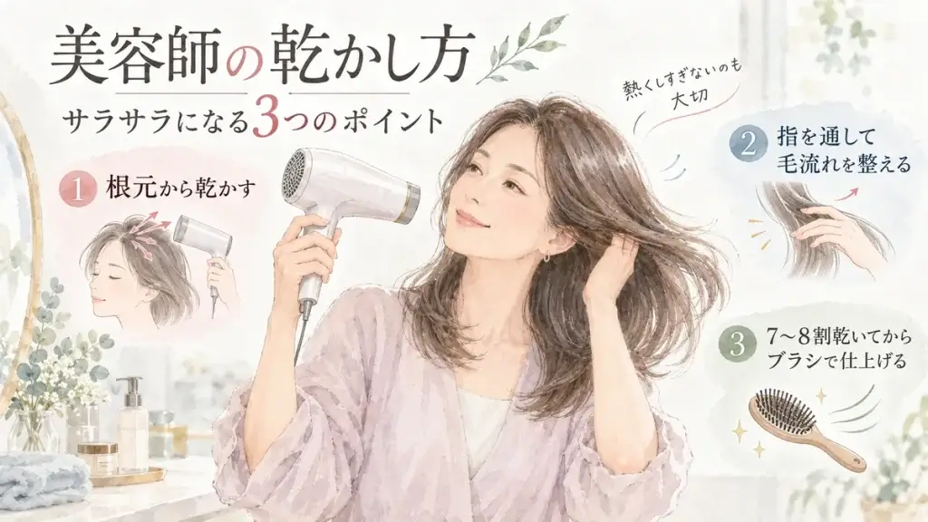 美容師が実践するサラサラ髪の乾かし方として、根元から乾かす、指で毛流れを整える、7〜8割乾いてからブラシで仕上げる3つのポイントを紹介した図解