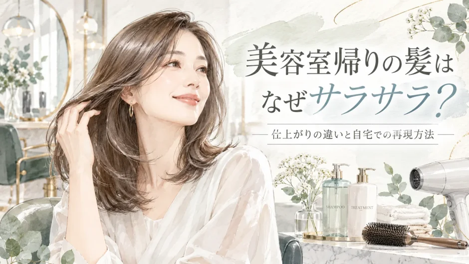 美容室帰りの髪がサラサラになる理由を、ツヤのある髪の女性とシャンプー、トリートメント、ドライヤーの水彩イラストで紹介したアイキャッチ画像