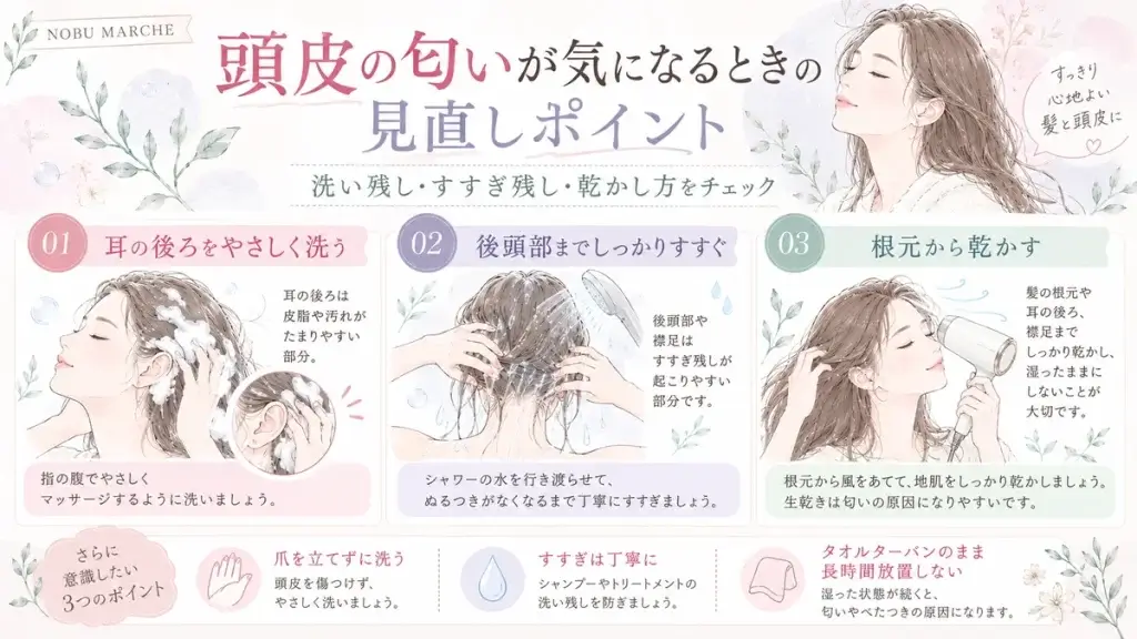 頭皮の匂いが気になるときに、耳の後ろの洗い方、後頭部のすすぎ、根元からの乾かし方を見直すポイントをまとめた水彩調の図解