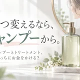 シャンプーとトリートメントが並ぶ洗面台と、「ひとつ変えるなら、シャンプーから。」の文字を配したアイキャッチ画像