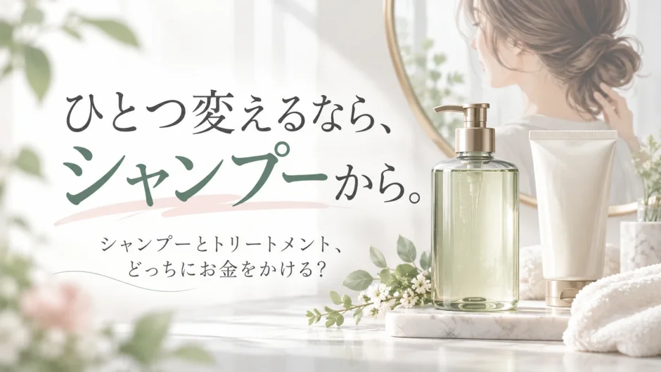 シャンプーとトリートメントが並ぶ洗面台と、「ひとつ変えるなら、シャンプーから。」の文字を配したアイキャッチ画像