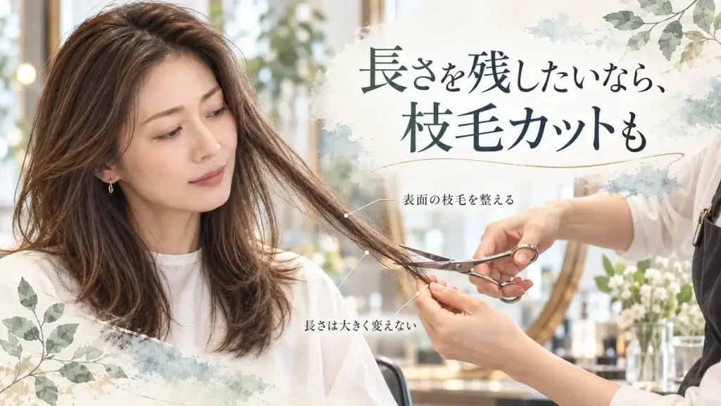 髪の長さを大きく変えずに、毛束の表面に飛び出した枝毛や傷んだ毛先を美容師がハサミで整える枝毛カットのイメージ画像