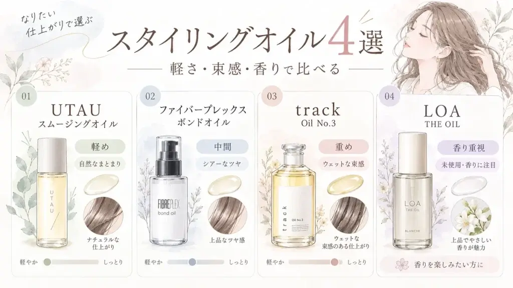 UTAU、ファイバープレックス、track Oil No.3、LOA THE OILの4種類を、軽さ・束感・香りの違いで比較したスタイリングオイルの図解