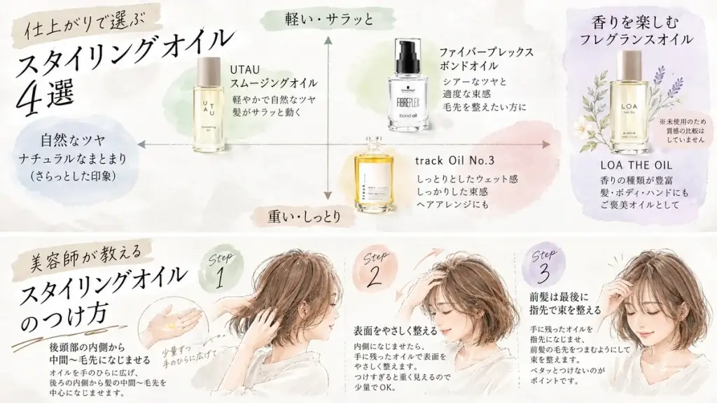 スタイリングオイルを後頭部の内側から中間と毛先になじませ、表面を整え、前髪は最後に指先で束感を作る3ステップの図解